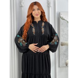 Robe Longue Brodée à Manches Longues