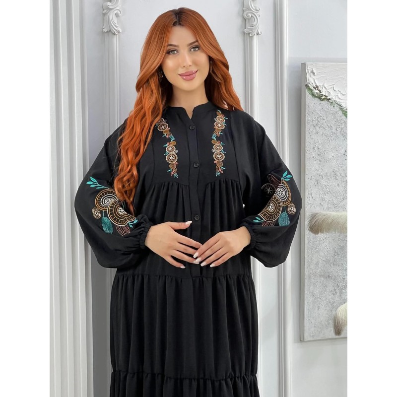 Robe Longue Brodée à Manches Longues