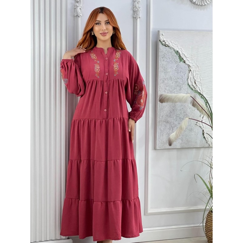 Robe Longue Brodée à Manches Longues