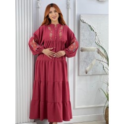 Robe Longue Brodée à Manches Longues