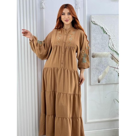 Robe Longue Brodée à Manches Longues