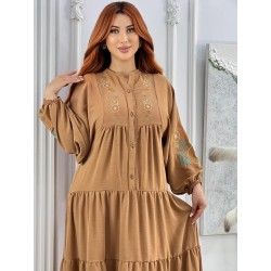Robe Longue Brodée à Manches Longues