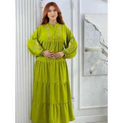 Robe Longue Brodée à Manches Longues