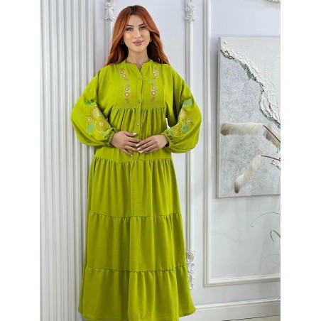 Robe Longue Brodée à Manches Longues