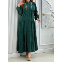 Robe Longue Brodée à Manches Longues