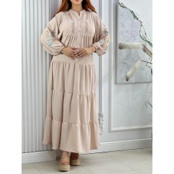 Robe Longue Brodée à Manches Longues