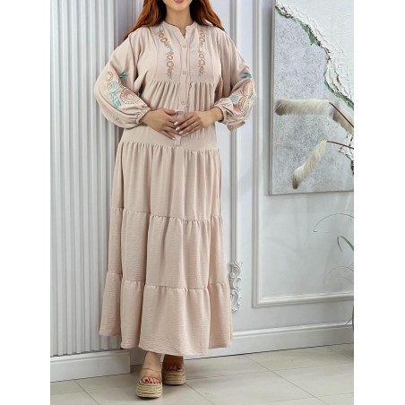 Robe Longue Brodée à Manches Longues