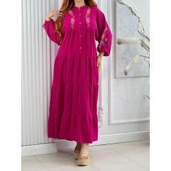 Robe Longue Brodée à Manches Longues