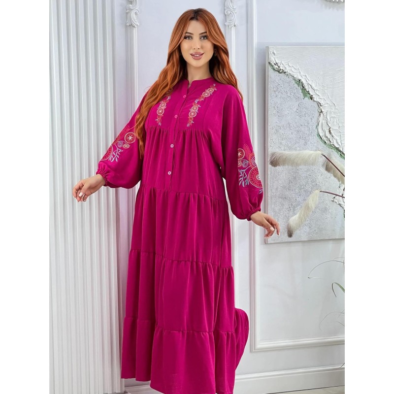 Robe Longue Brodée à Manches Longues