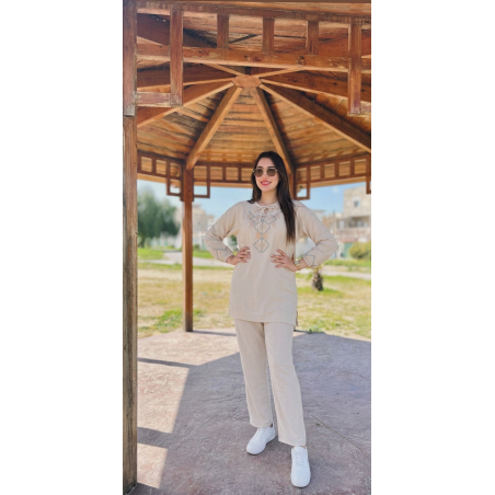 Set Brodé Femme Col et Manches Élastique