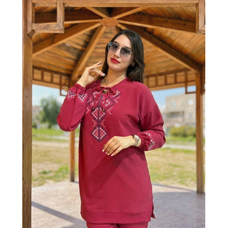 Set Brodé Femme Col et Manches Élastique
