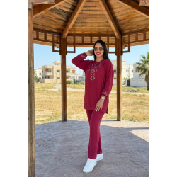 Set Brodé Femme Col et Manches Élastique