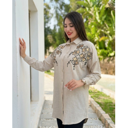 Set beige brodé à fleurs avec pantalon assorti