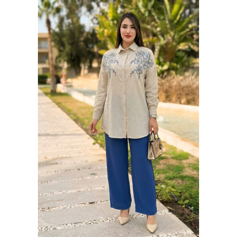 Set beige brodé à fleurs avec pantalon assorti