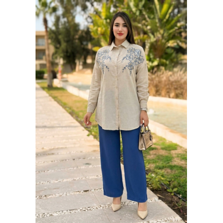 Set beige brodé à fleurs avec pantalon assorti