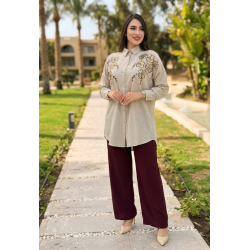 Set beige brodé à fleurs avec pantalon assorti