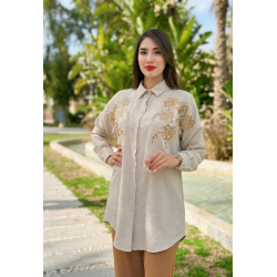 Set beige brodé à fleurs avec pantalon assorti