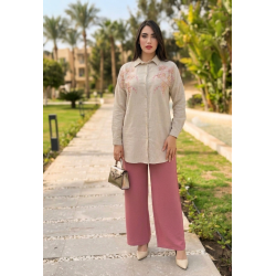Set beige brodé à fleurs avec pantalon assorti