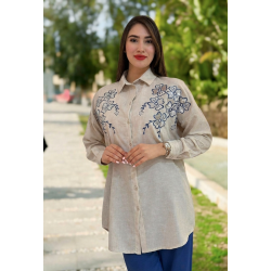 Set beige brodé à fleurs avec pantalon assorti