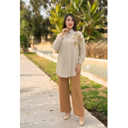 Set beige brodé à fleurs avec pantalon assorti