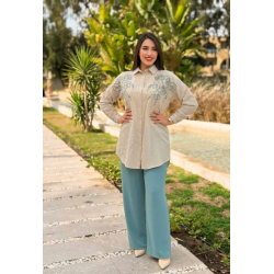 Set beige brodé à fleurs avec pantalon assorti