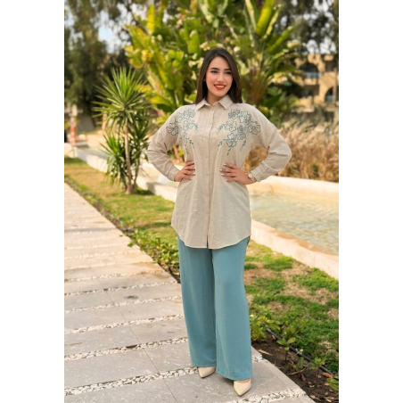 Set beige brodé à fleurs avec pantalon assorti