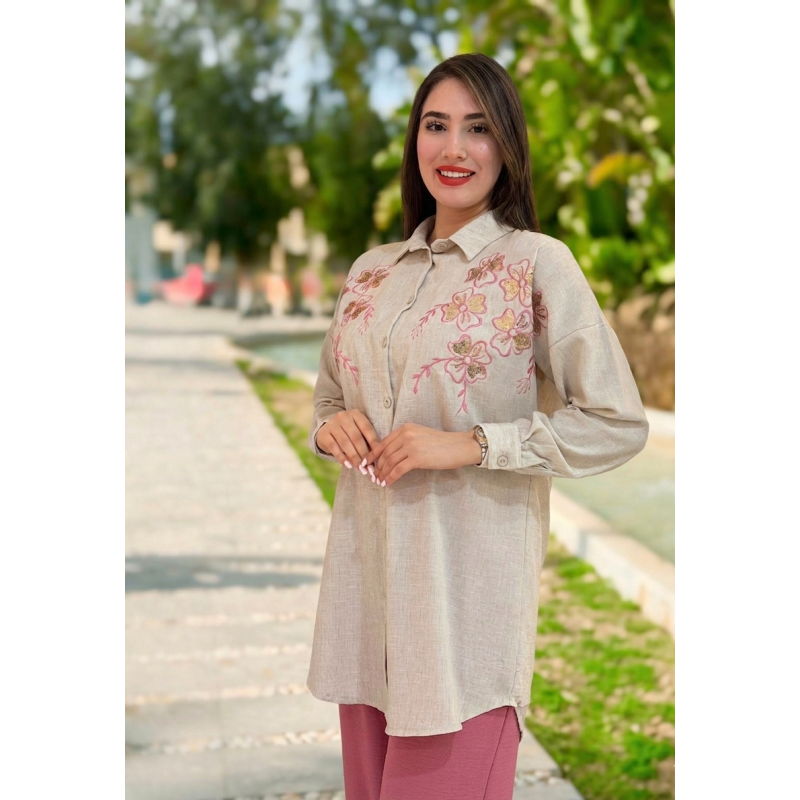 Set beige brodé à fleurs avec pantalon assorti