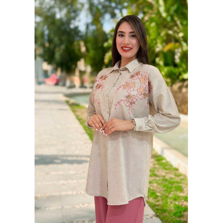 Set beige brodé à fleurs avec pantalon assorti