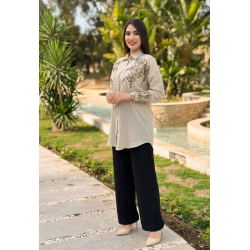 Set beige brodé à fleurs avec pantalon assorti