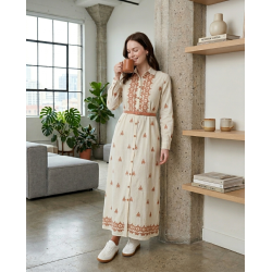 Robe Longue Femme Chic avec Broderie et Ceinture Élégante