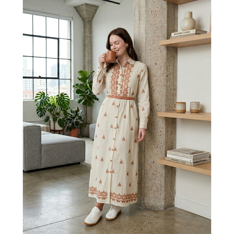 Robe Longue Femme Chic avec Broderie et Ceinture Élégante