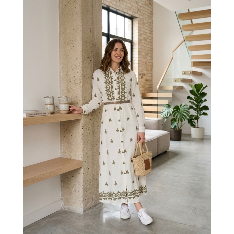 Robe Longue Femme Chic avec Broderie et Ceinture Élégante