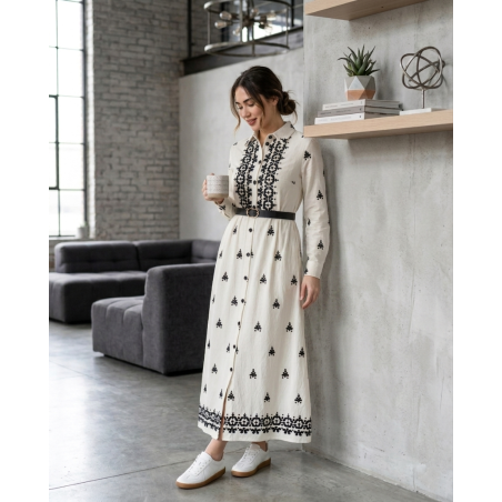 Robe Longue Femme Chic avec Broderie et Ceinture Élégante