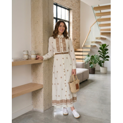 Robe Longue Femme Chic avec Broderie et Ceinture Élégante