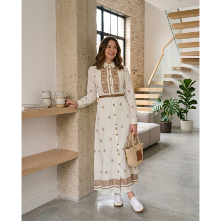 Robe Longue Femme Chic avec Broderie et Ceinture Élégante