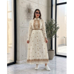 Robe Longue Femme Chic avec Broderie et Ceinture Élégante