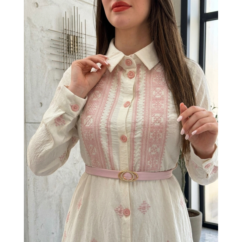 Robe Longue Femme Chic avec Broderie et Ceinture Élégante
