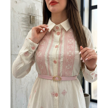 Robe Longue Femme Chic avec Broderie et Ceinture Élégante