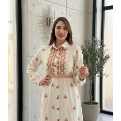 Robe Longue Femme Chic avec Broderie et Ceinture Élégante
