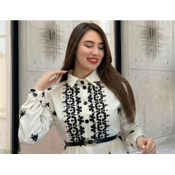 Robe Longue Femme Chic avec Broderie et Ceinture Élégante