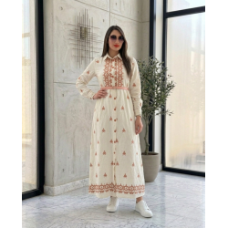 Robe Longue Femme Chic avec Broderie et Ceinture Élégante