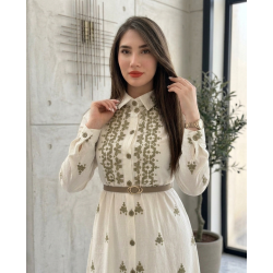 Robe Longue Femme Chic avec Broderie et Ceinture Élégante