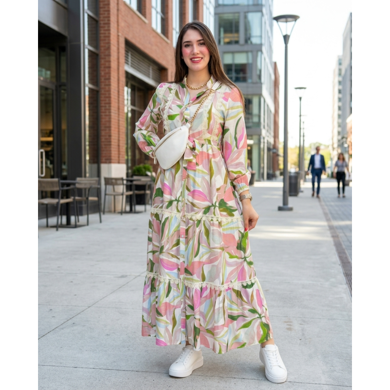 Robe longue femme imprimé floral — robe fluide, ceinture nouée, style élégant et confortable