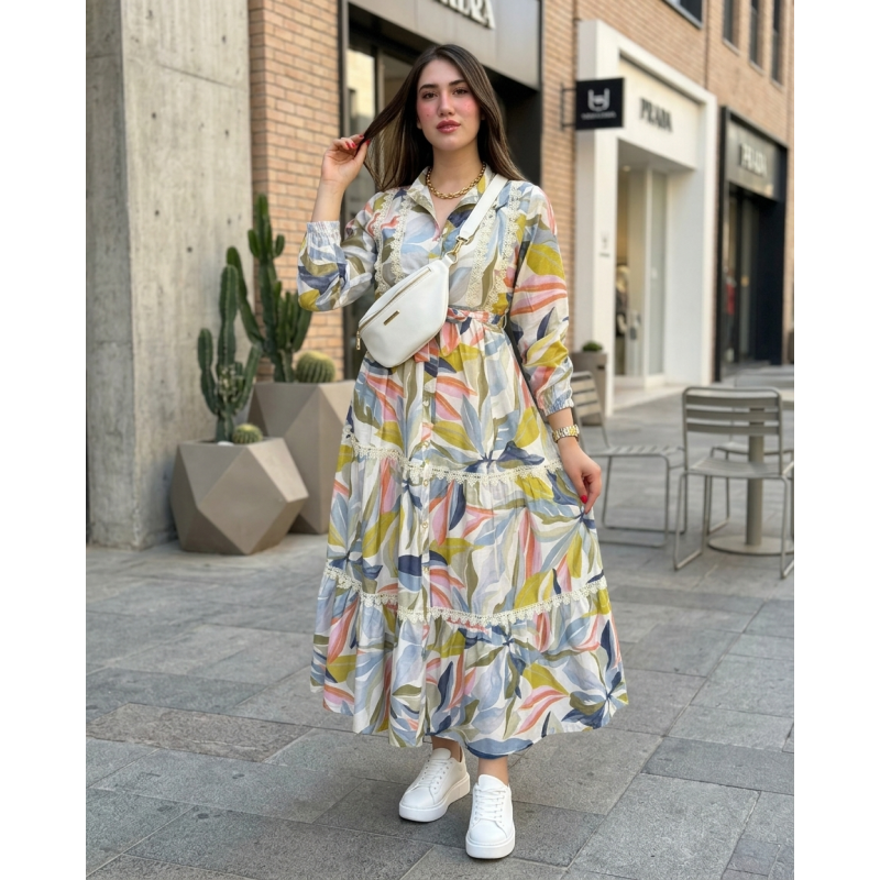 Robe longue femme imprimé floral — robe fluide, ceinture nouée, style élégant et confortable