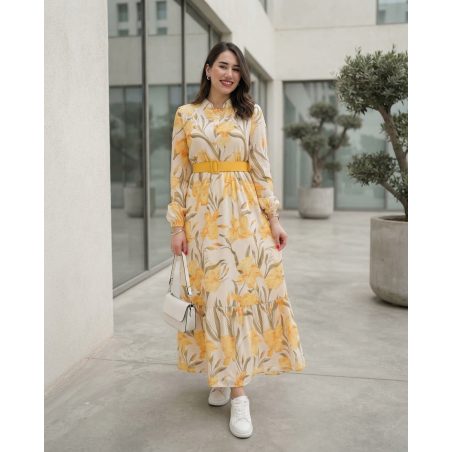 Robe Longue Fleurie Femme Chic – Manches Longues, Ceinture cuire à la Taille & Style Élégant Été