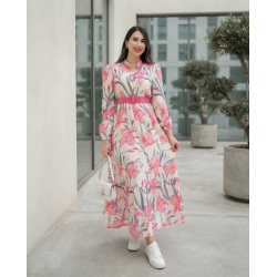 Robe Longue Fleurie Femme Chic – Manches Longues, Ceinture cuire à la Taille & Style Élégant Été