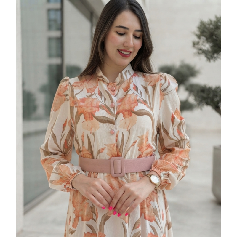 Robe Longue Fleurie Femme Chic – Manches Longues, Ceinture cuire à la Taille & Style Élégant Été