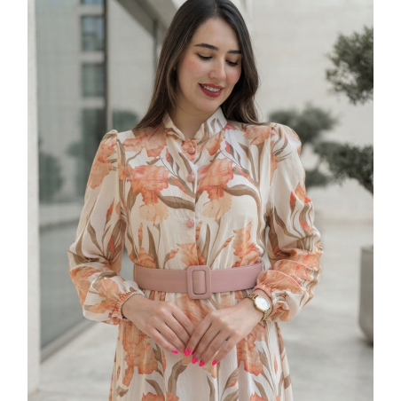 Robe Longue Fleurie Femme Chic – Manches Longues, Ceinture cuire à la Taille & Style Élégant Été