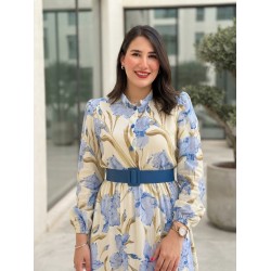 Robe Longue Fleurie Femme Chic – Manches Longues, Ceinture cuire à la Taille & Style Élégant Été
