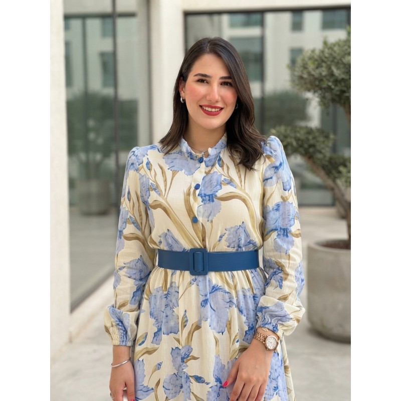 Robe Longue Fleurie Femme Chic – Manches Longues, Ceinture cuire à la Taille & Style Élégant Été